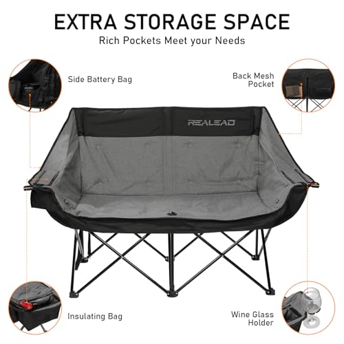 REALEAD Heated Double Camping Chair, 3 Heat Levels and 4 Heating Zones, Portable Heated Loveseat Chair for Outdoor Sports Support 650lbs