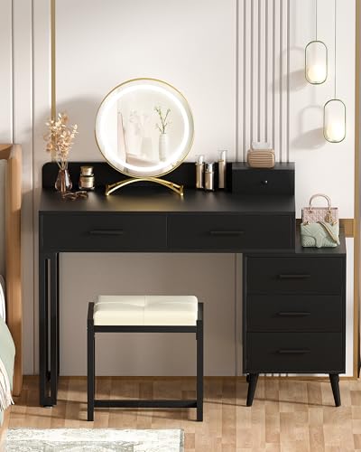 White Vanity Desk with Mirror and Lights, Modern Makeup Vanity Table Set with 6 Storage Drawers and Cushioned Stool for Bedroom