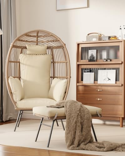 Oversize Wicker Egg Chair with 4 Comfy Cushions, Big Egg Shaped Lounger with Ottoman, Rattan Reading Chairs for Indoor Outdoor Patio Porch Backyard