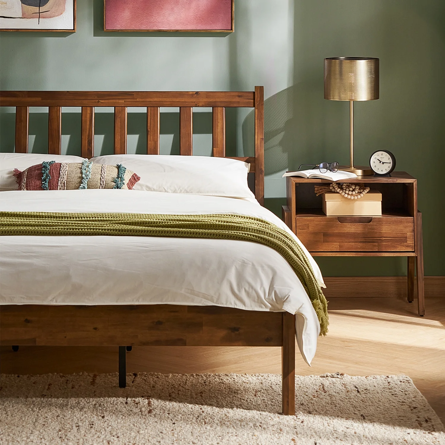 Mopio Ted Queen Bed Frame with Headboard, Full Size Bed Frame, Mid Century Modern Acacia Solid Wood Platform Bed Frame, Wooden Bed Slats