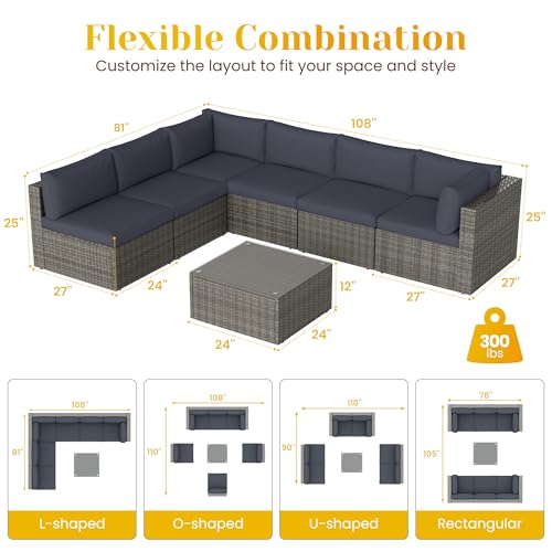 7 Pieces Outdoor Patio Furniture Sets with Glass Tea Table, PE Rattan Wicker Patio Conversation Set with Washable Cushions
