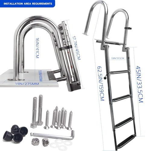4-Step Heavy-Duty Stainless Steel Pontoon Boat Ladder with Extra Wide Steps & Handrails | Telescoping Folding Rear Entry Ladder, 600lbs Capacity