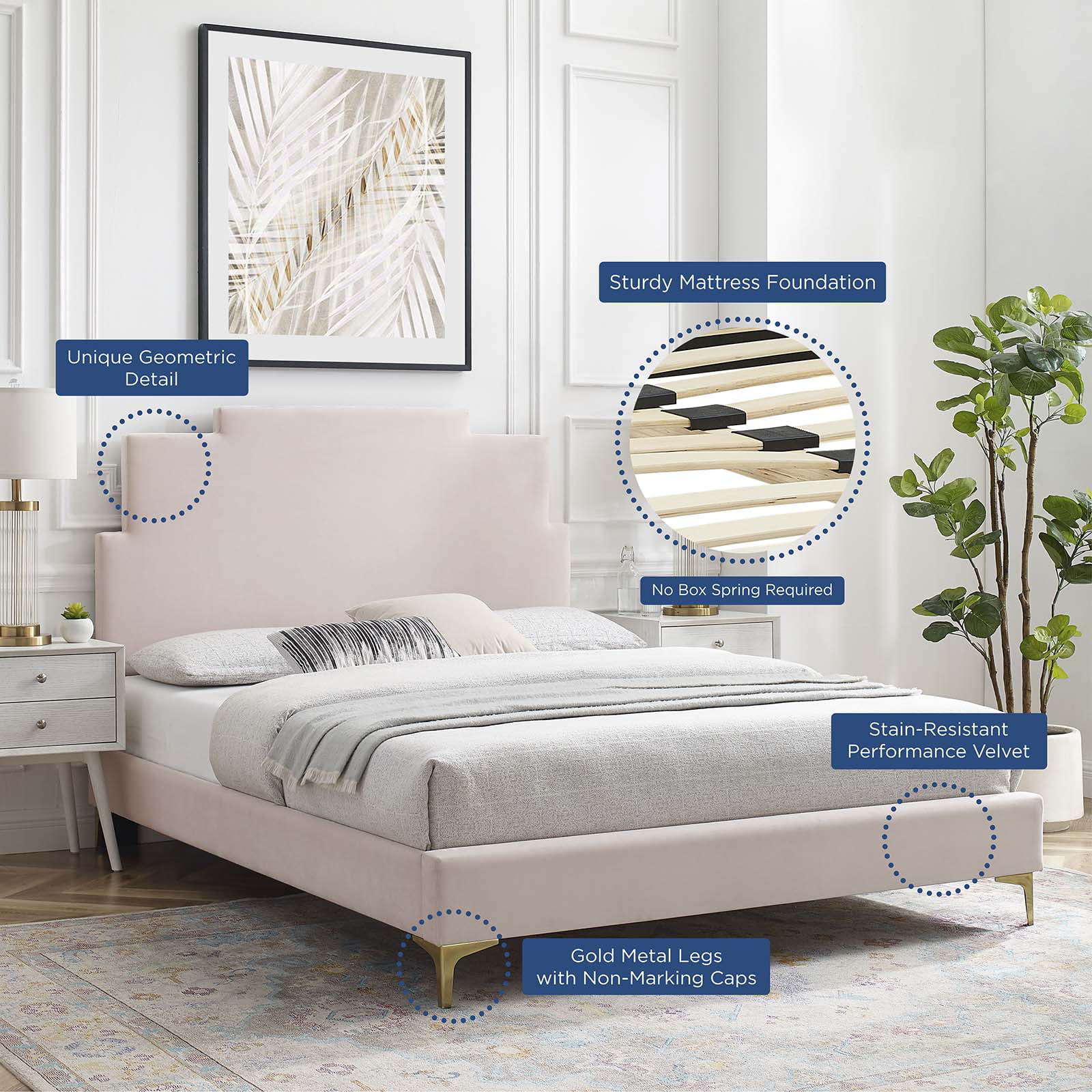 Platform Bed Frame, Queen Size, Velvet, Pink, Modern Contemporary Urban Design, Bedroom Master Guest Suite