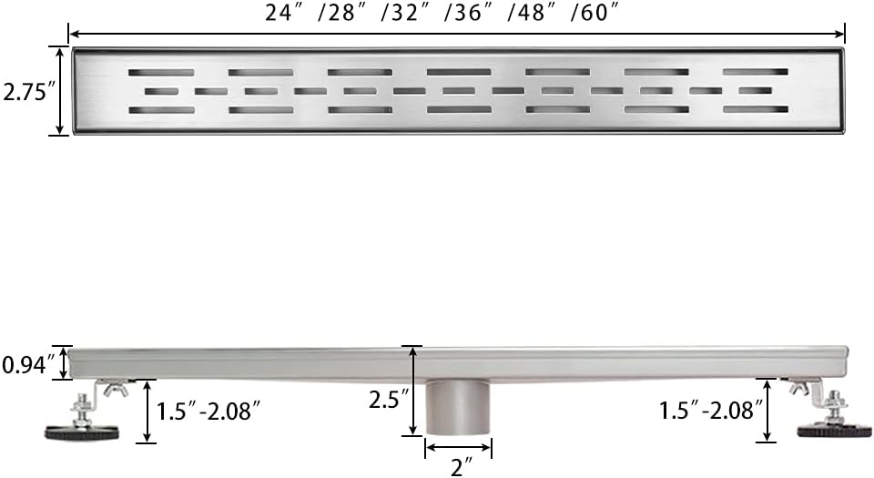 Linear Shower Drain 60 inch with Bar Pattern Grate, Professional Brushed 304 Stainless Steel, High Flow, Hair Catcher Shower Drain&hellip;