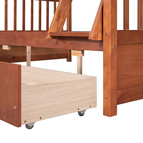 Ball & Cast Full Over Full Bunk Bed with Twin Size Trundle and Built in 4 Drawer,Wood Bunkbed w/Storage Ladder & Slat Support