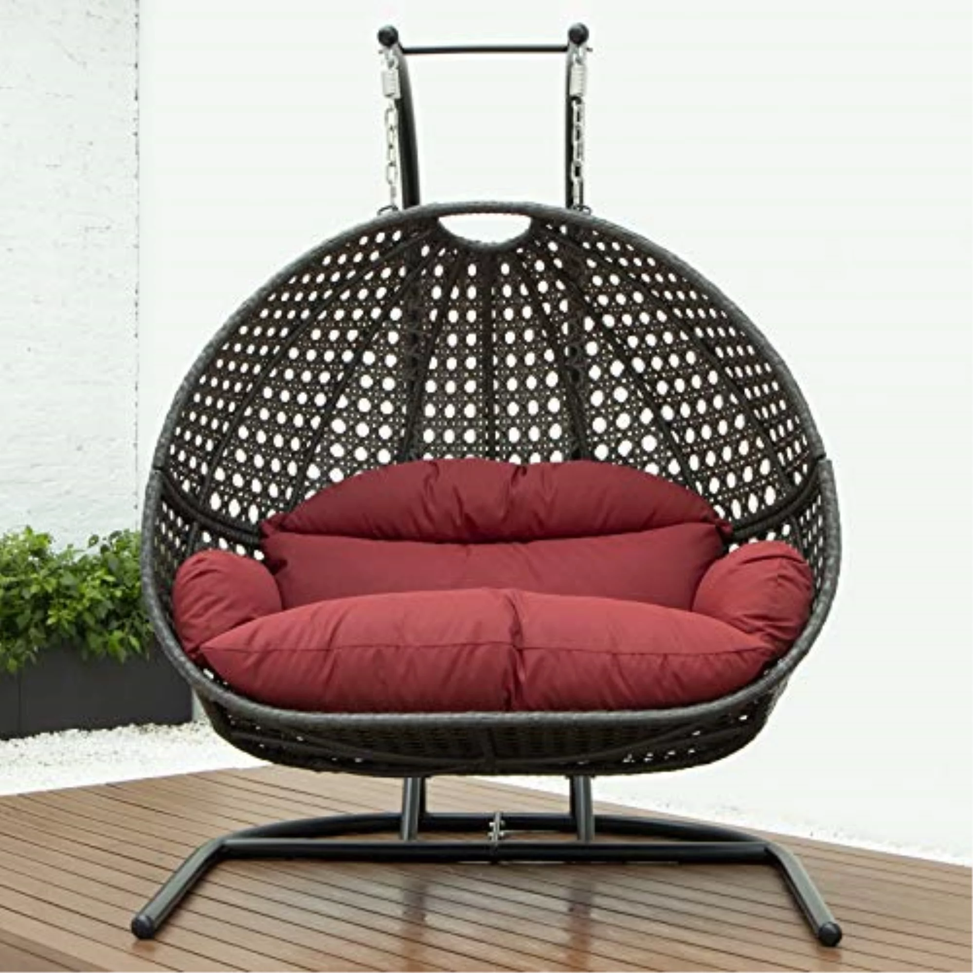 LeisureMod Modern Charcoal Wicker Double 2-Person Hanging Egg Swing Chair in Dark Red - Radiant Selections