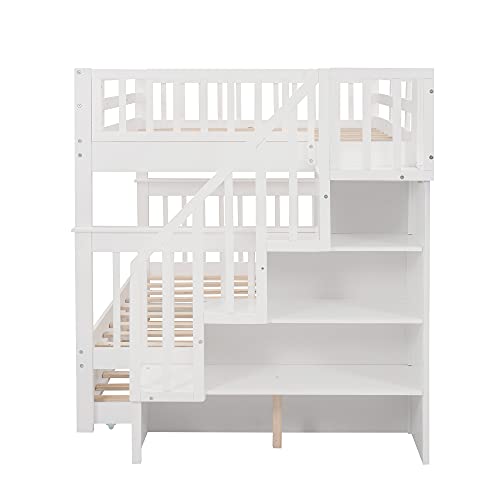 Harper & Bright Designs Twin Over Twin Bunk Bed with Stairs and Trundle, Solid Wood Stairway Bunk Bed Frame with Storage