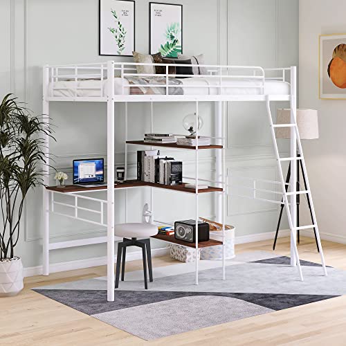 Harper & Bright Designs Full Loft Bed with Desk, Metal Loft Beds with Storage Shelves, Desk, and Wardrobe, Heavy-Duty Loft Bed Frame for Kids, Teens