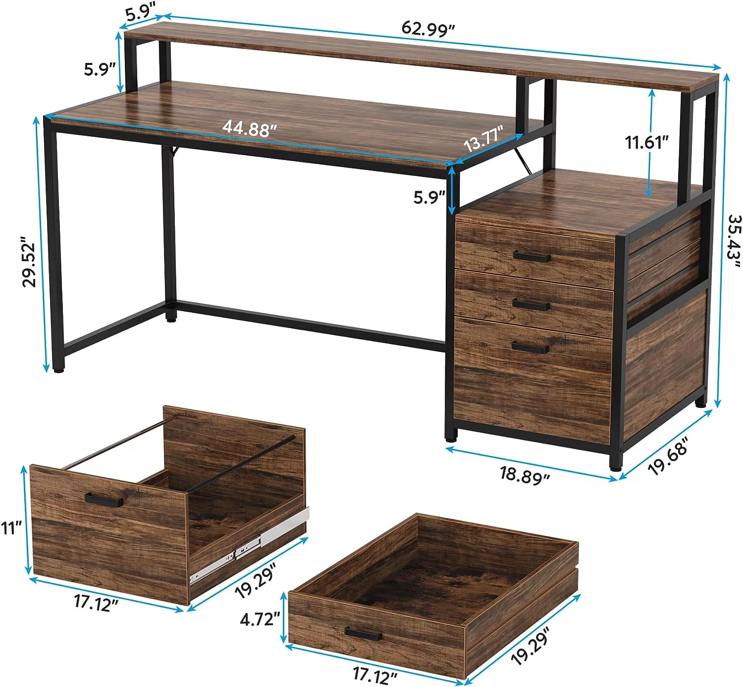 Tribesigns 63 Inch Computer Desk with Monitor Stand, Ergonomic Office Desks with Drawers File Cabinet