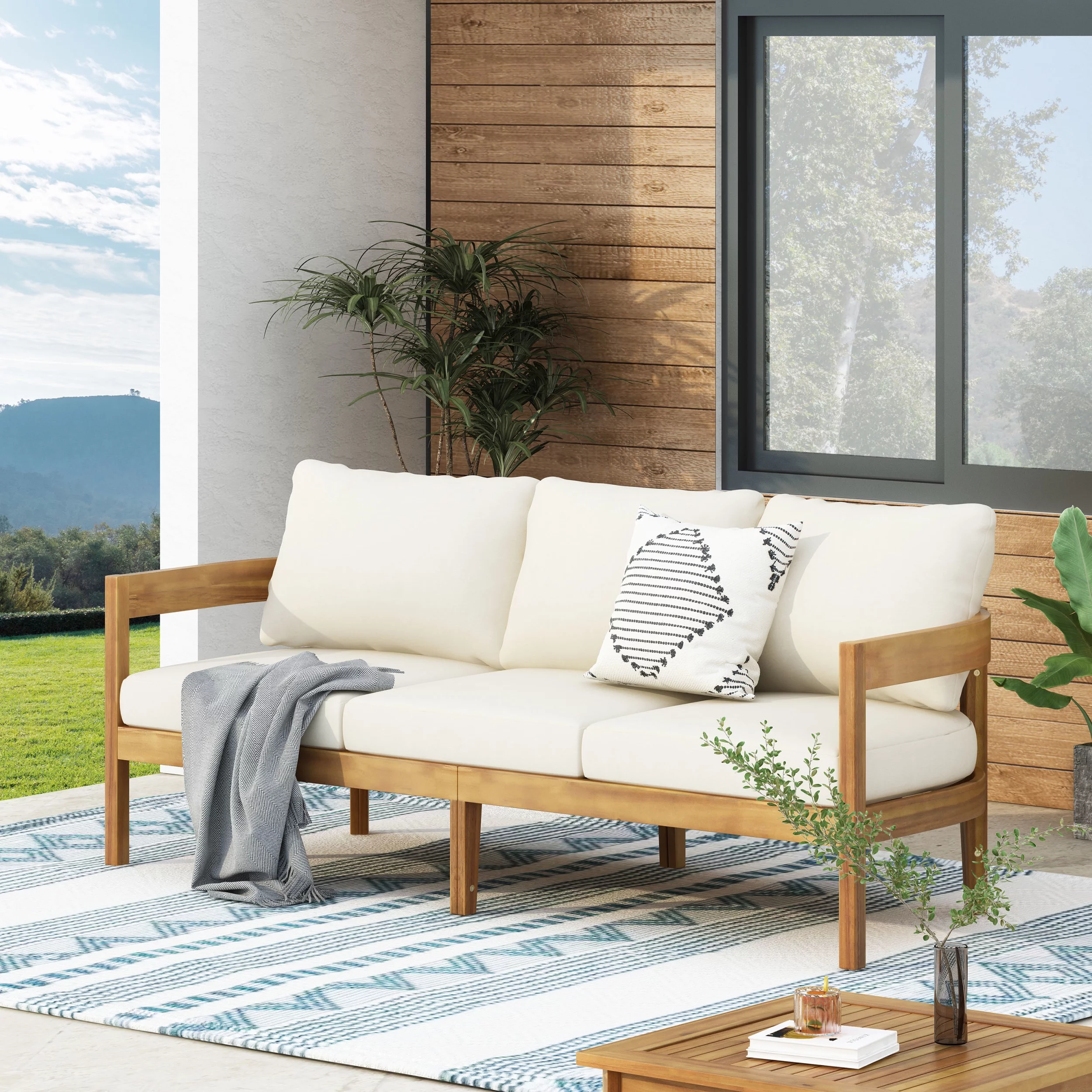 Burrough Acacia Wood Outdoor 3 Seater Sofa with Cushions, Teak and Beige