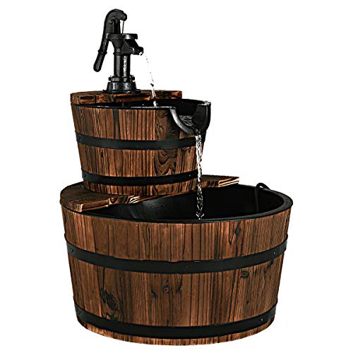 Giantex 2-Tier Barrel Waterfall Fountain Outdoor, Rustic Wood Barrel Cascading Water Fountain with Electric Pump
