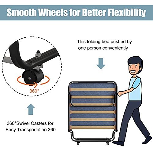 Giantex Folding Bed with 3" Mattress for Adults, Made in Italy, Rolling Foldaway Guest Bed, Memory Foam Mattress, Sturdy Metal Frame