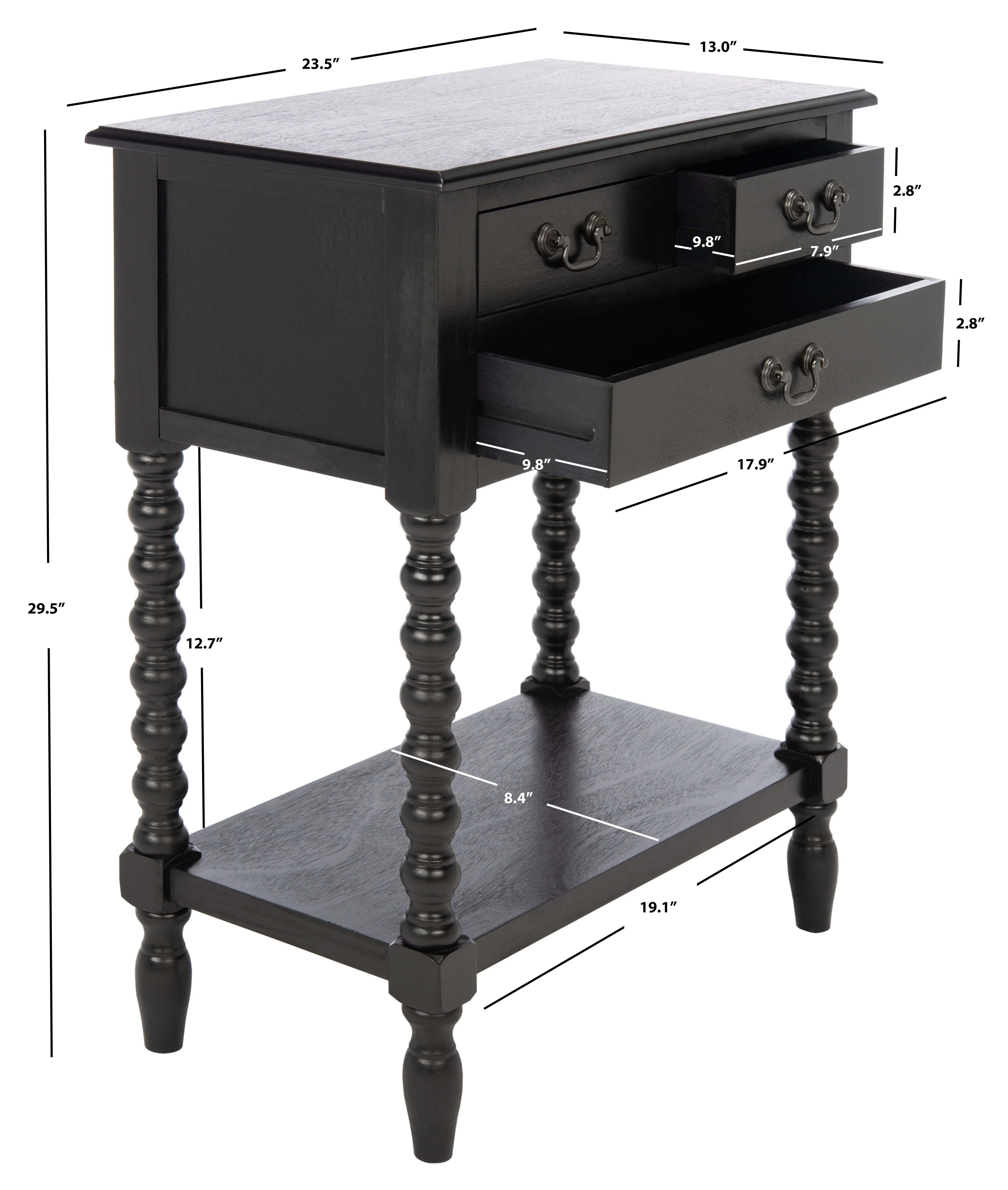 SAFAVIEH Athena French 3-Drawer Black Wood Rectangle Console Table (23.5 in. W x 13 in. D x 29.5 in. H)
