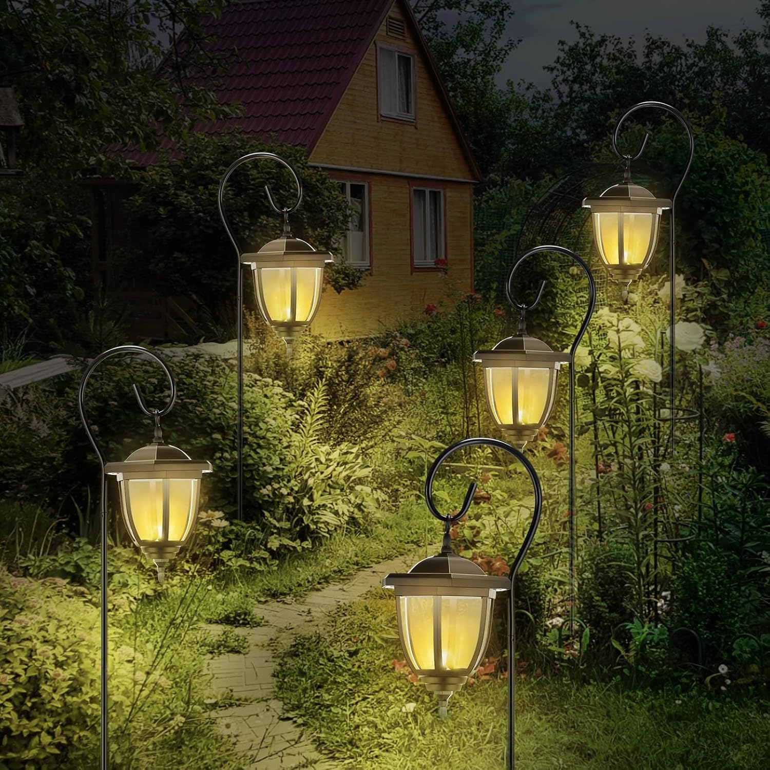 6 Pcs 32" Hanging Solar Lantern Lights with Dual Use Shepherd Hooks Outdoor LED Garden Lanterns Decorative Waterproof Pathway Hanging Lights Solar