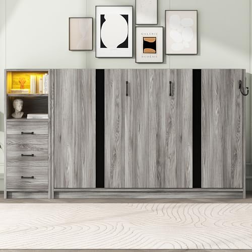 Ball & Cast Queen Size Murphy Bed Hideaway Wall Chest with Top Shelves & USB,Storage Cabinet Bed Frame w/Slat Support