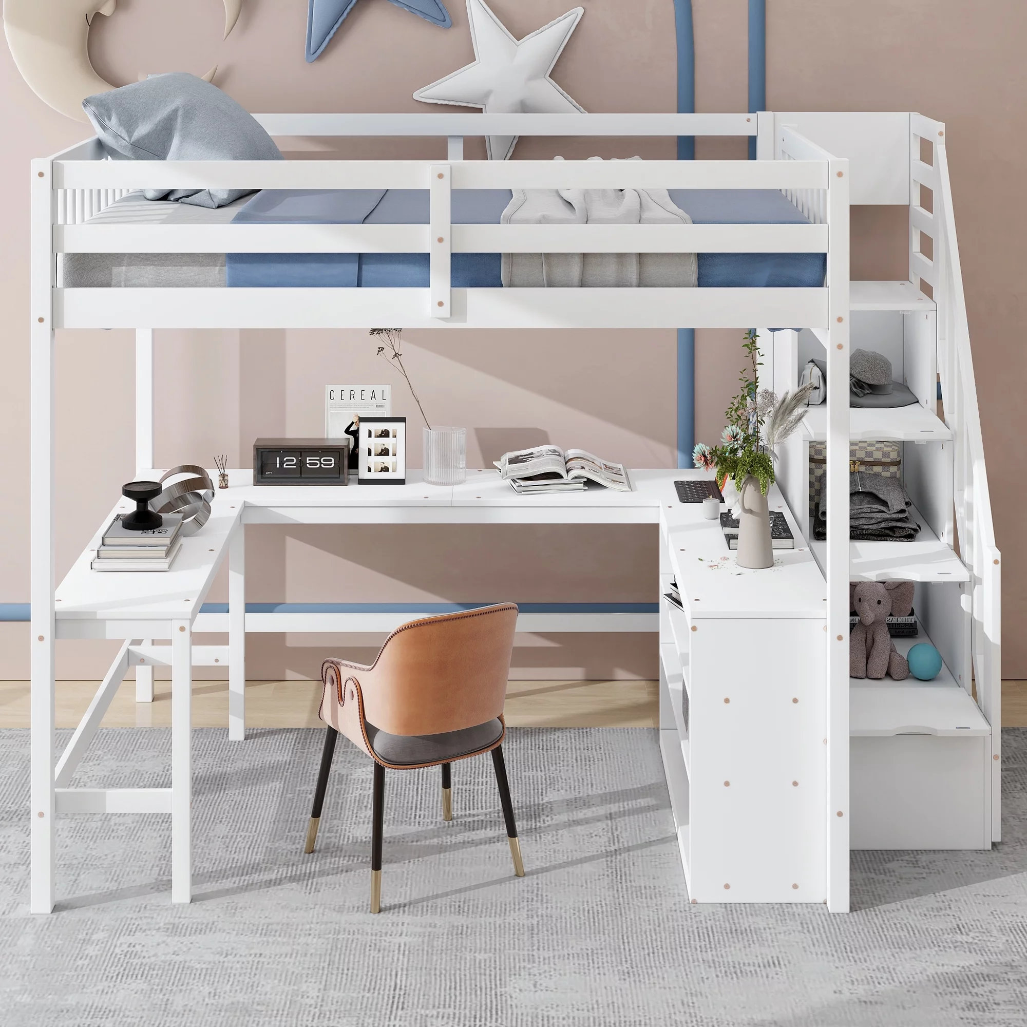 EUROCO Wood Full Size Loft Bed with Desk, Shelf and Storage Staircase for Kids Teens Adults, Built-in Desk with Bookscase for Working Station