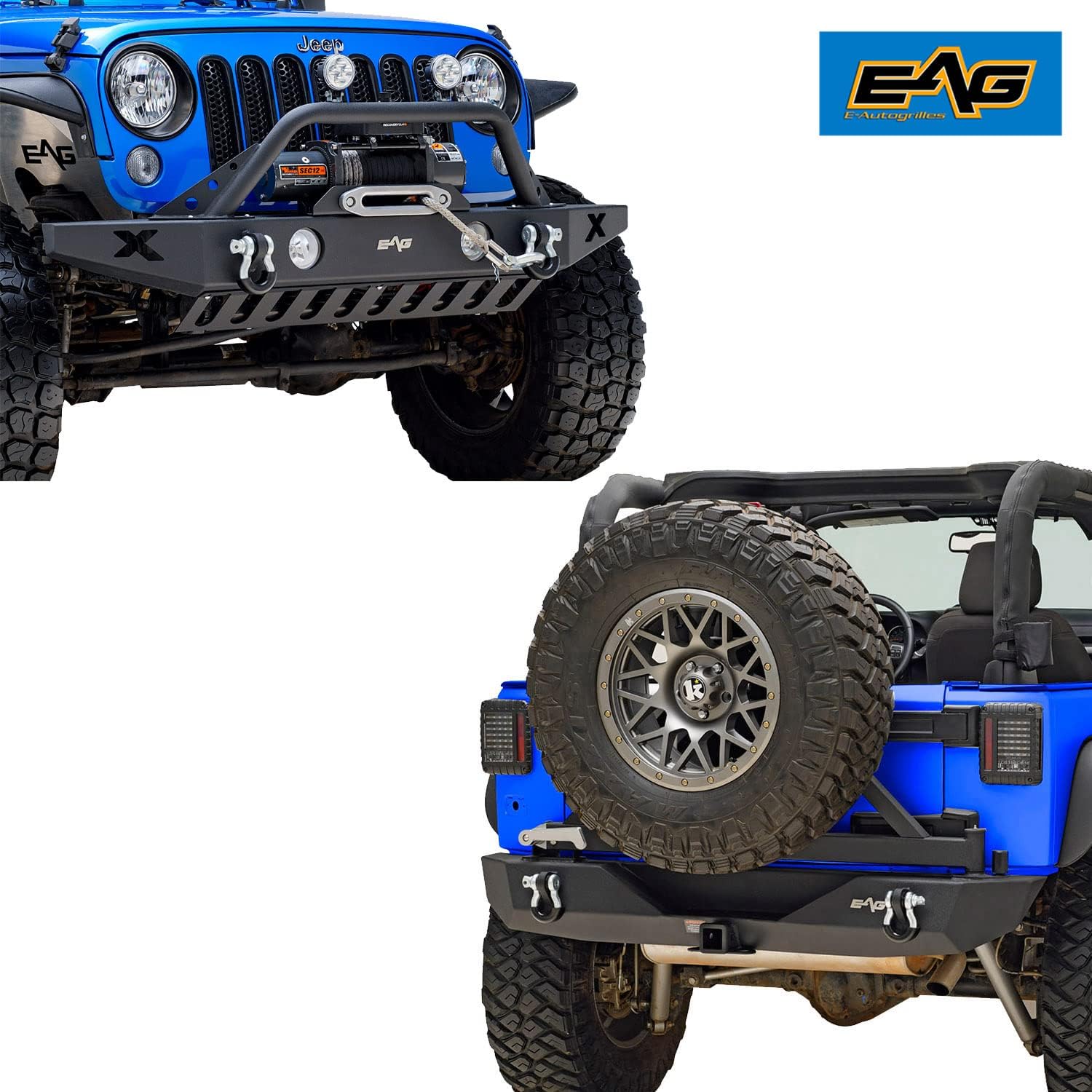 EAG Front Bumper and Rear Bumper Combo with Skid Plate & Tire Cattierfit for 07-18 Wrangler JK