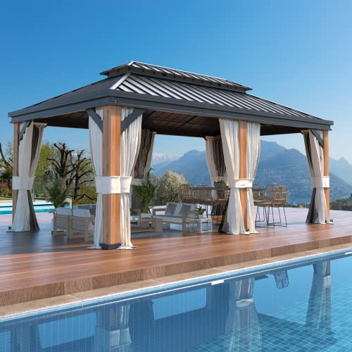 EROMMY 12'x20' Hardtop Gazebo Double Roof Galvanized Steel Canopy Outdoor Aluminum Frame Permanent Metal Pavilion with Netting and Curtains for Patio