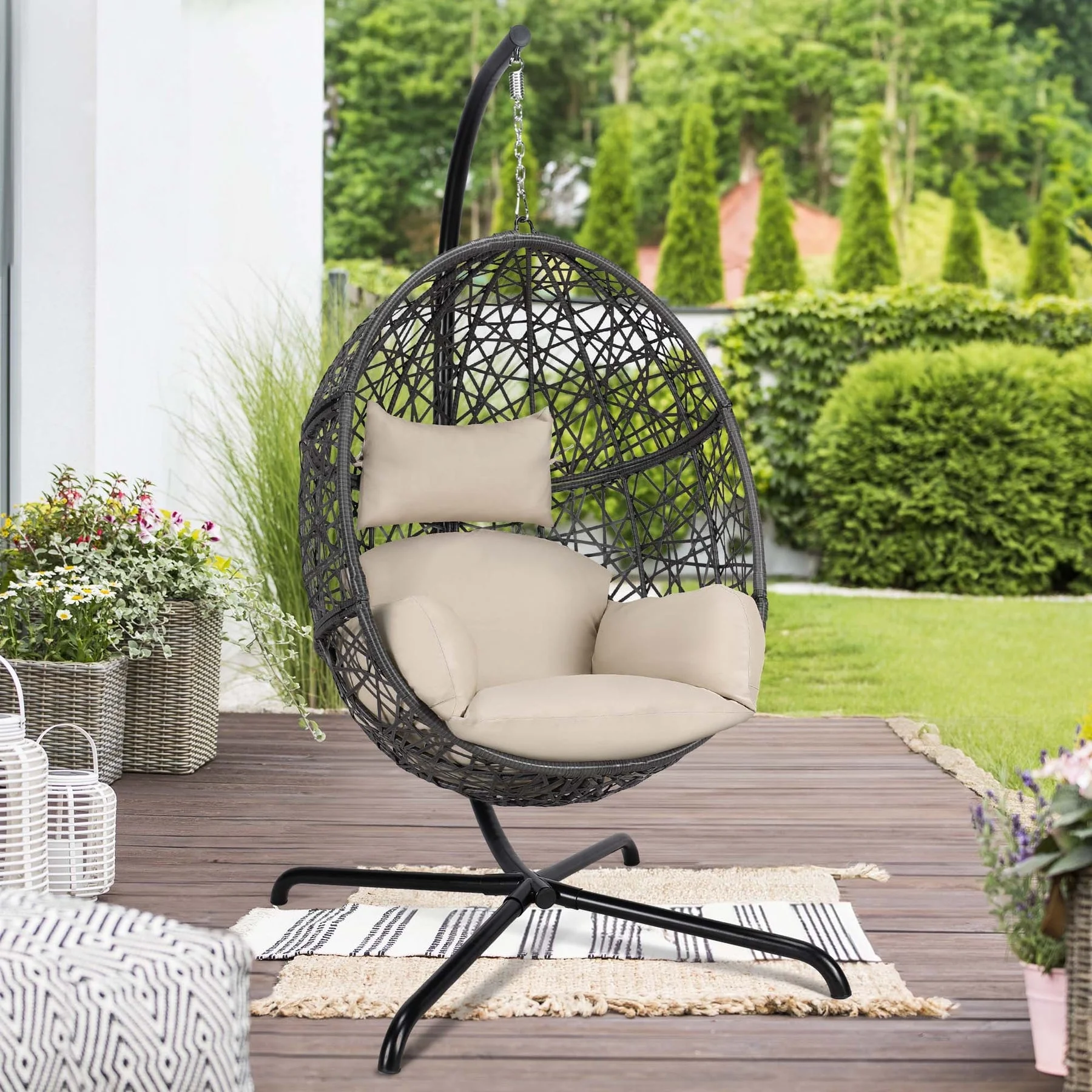 NICESOUL Outdoor Indoor Oversized Black Hanging Swing Nest Egg Chair with Stand and Big Beige Set