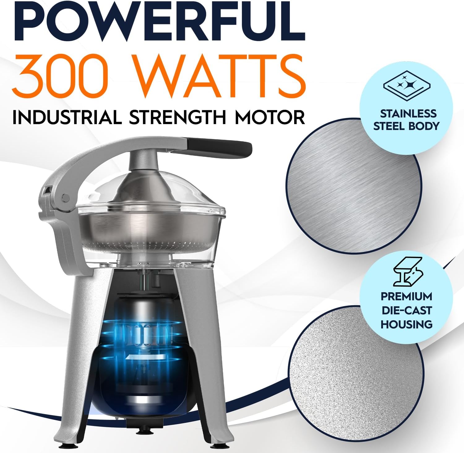 Eurolux Die Cast Stainless Steel Electric Citrus Juicer Squeezer, for Orange, Lemon, Grapefruit | 300 Watts of Power