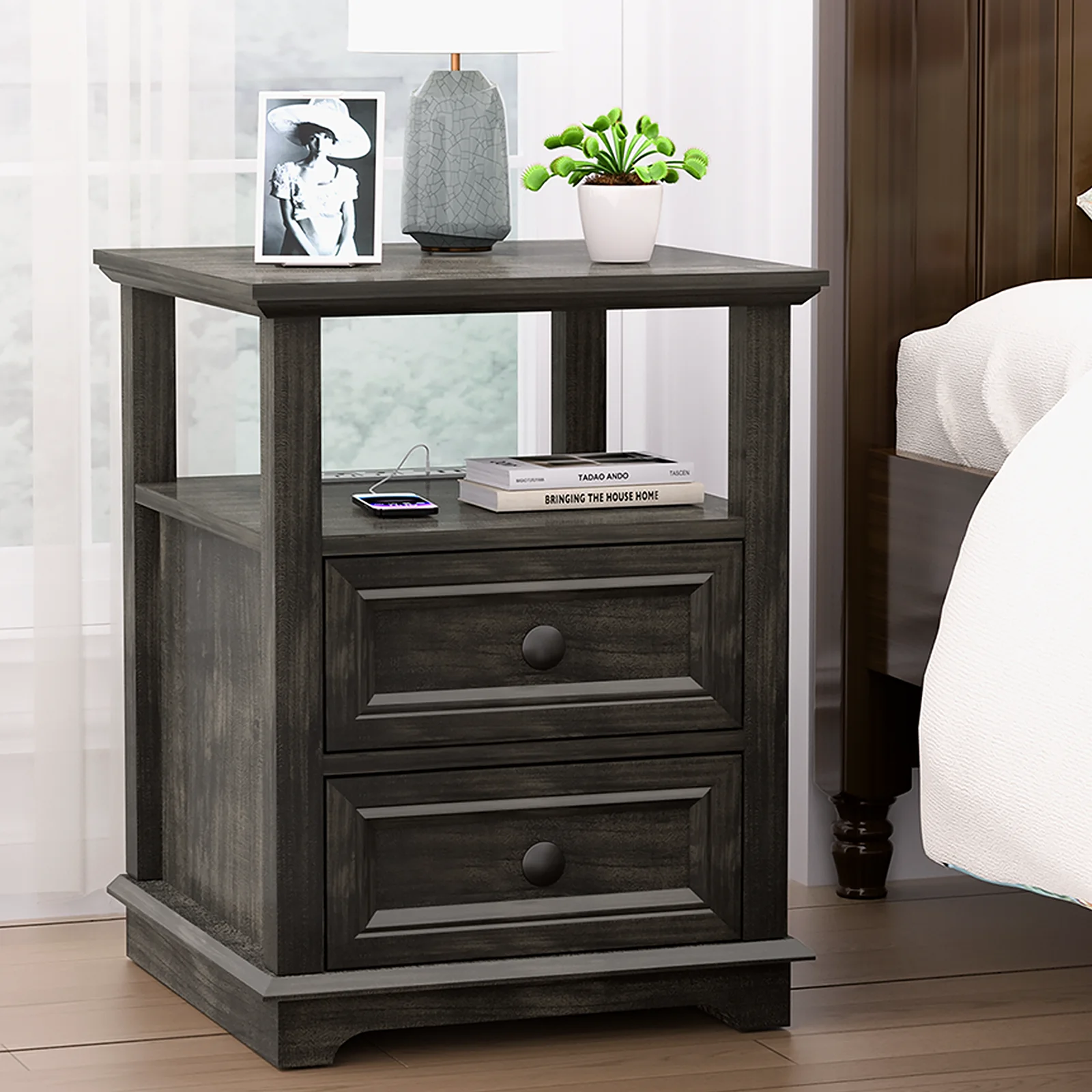 24” Tall End Table with Fast USB C Charging Station,Sofa Side Table with 2 Drawers, Large Storage Rustic Wood Square Storage Cabinet for Living Room