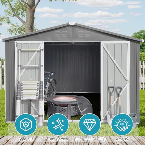 8x6 FT Outdoor Storage Shed, Metal Tool Shed with Lockable Doors, Peaked Roof & Frame Floor