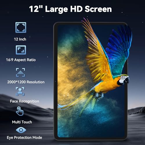 Android 15 Tablet with Octa-Core Processor, 12 Inch Tablets 20GB RAM (6+14GB), 128GB ROM+1TB Expand, 2000 * 1200 IPS Touch Screen