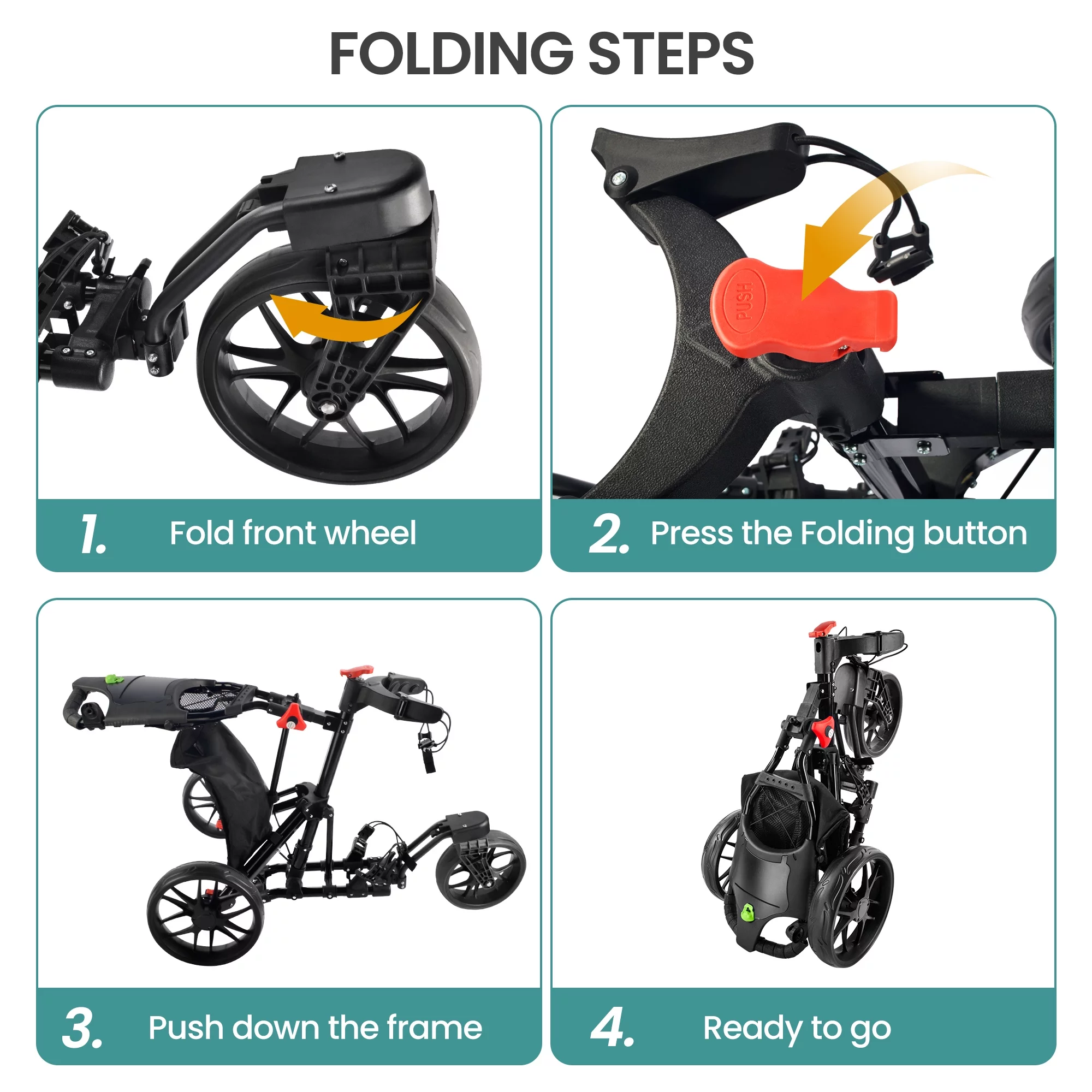 BOBOPRO Universal Wheel Golf Push Cart with Footbrake, Bottle Holder, Umbrella Stand, Cooler Bag,Balck - Curated Treasures Market