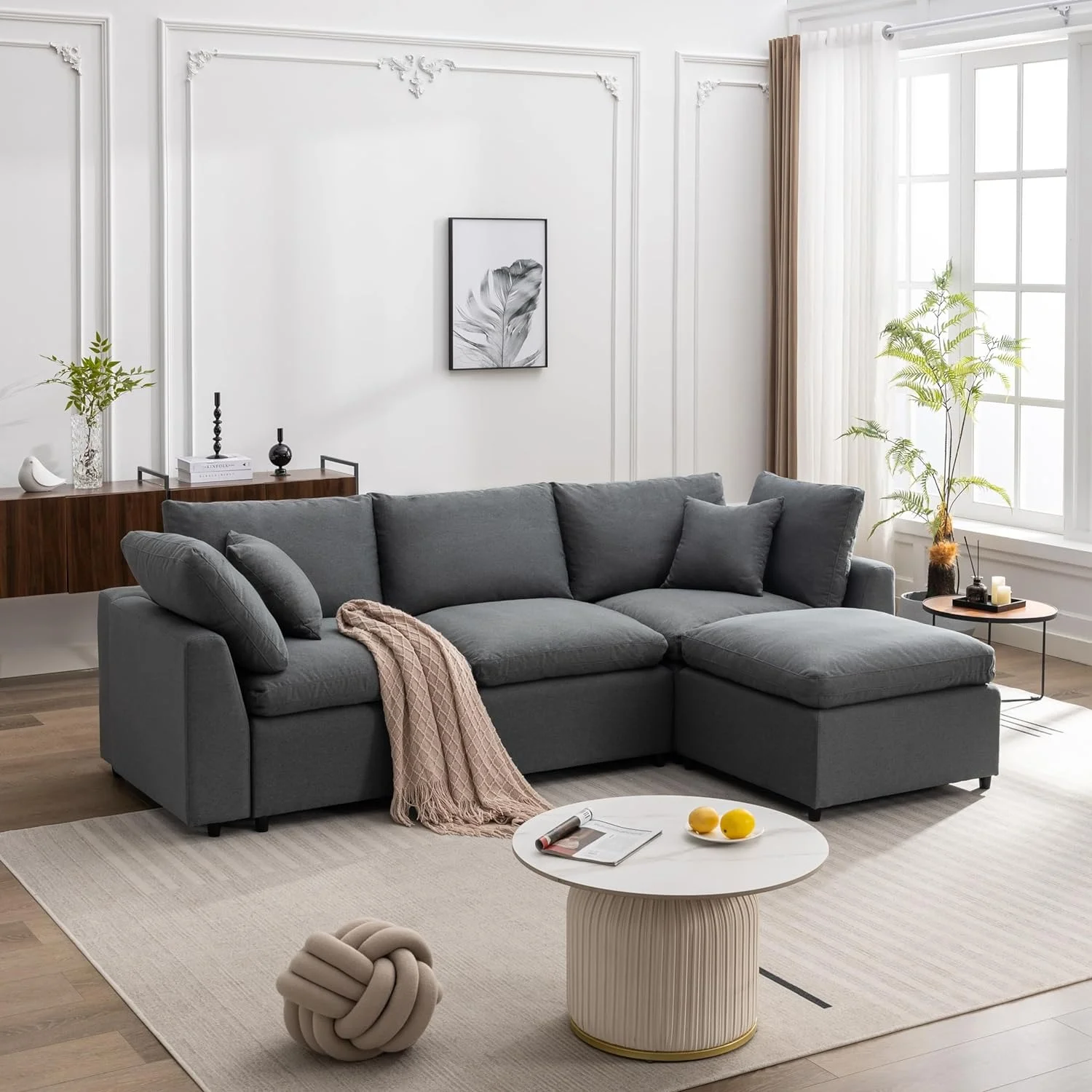 LUCKHAO 4 Seat Oversized Couches for Living Room ，Modular Sectional Sofa, Down Filled Upholstery Convertible Sectional Sofa