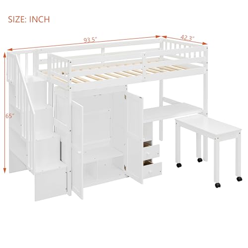Harper & Bright Designs Twin Size Loft Bed with Stairs and Bookshelf, Wood Twin Storage Bed with Desk & Wardrobe