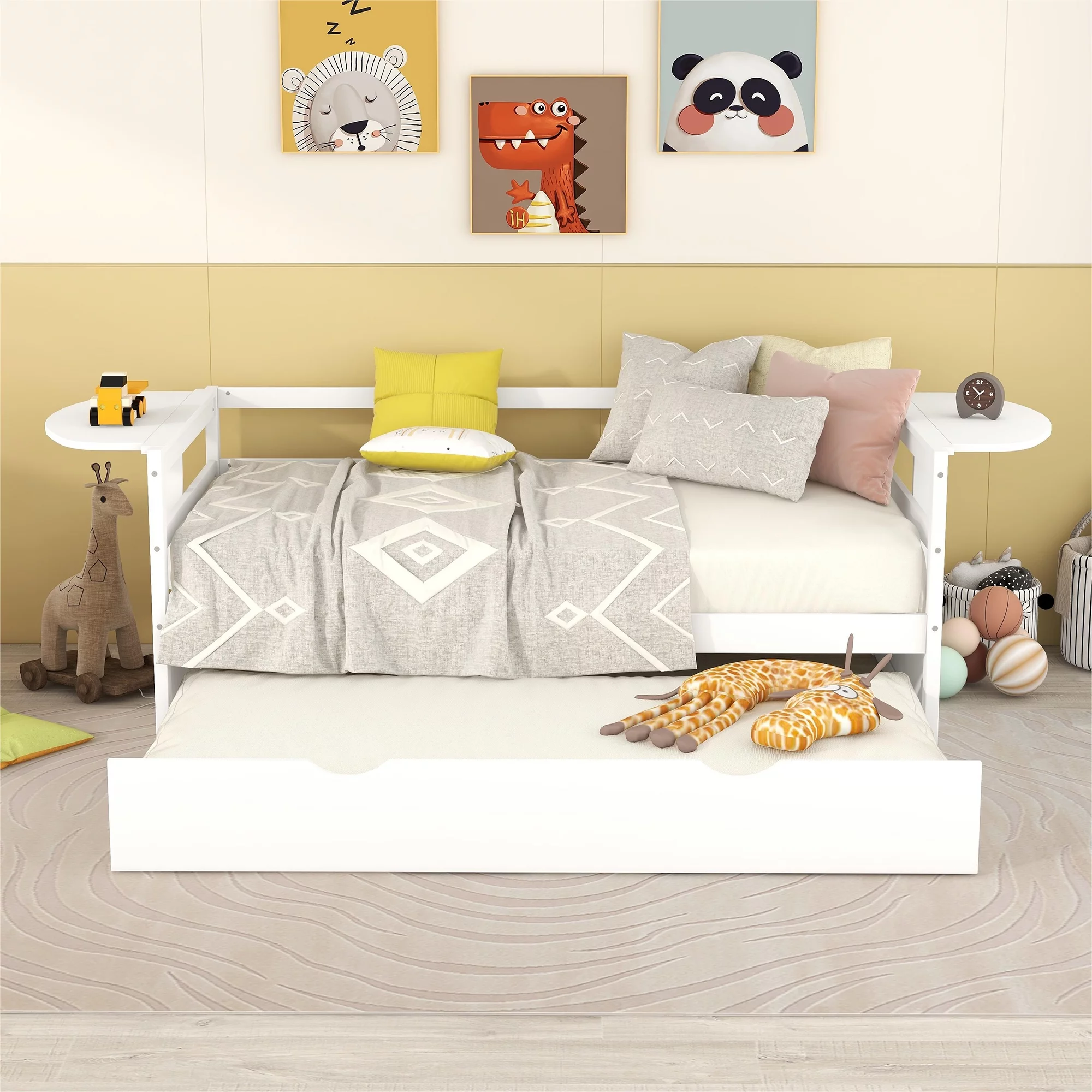 Euroco Pine Wood Twin Size Daybed with Trundle and Foldable Tables, White