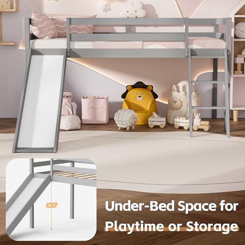 OLEAD Low Bunk Bed with Slide, Floor Loft Bed with Climbing Ladder, Wood Twin Bunk Bed Frame with Full Guardrails & Storage Space for Kids Toddler