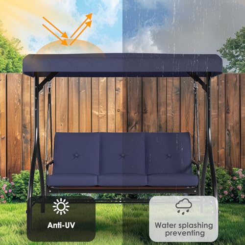 TLSUNNY 3-Seat Outdoor Patio Porch Swing with Adjustable Canopy & Backrest, Convertible Glider Bed with Stand, Removable Seat Cushion
