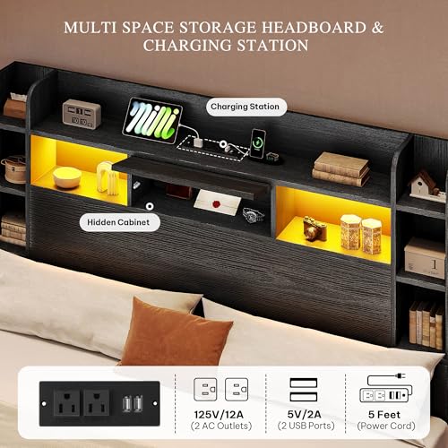 YITAHOME Queen Bed Frame with Bookcase Headboard and 4 Storage Drawers, RGB LED Bed Frame with Type-C & USB Charging Station Storage Headboard Bed