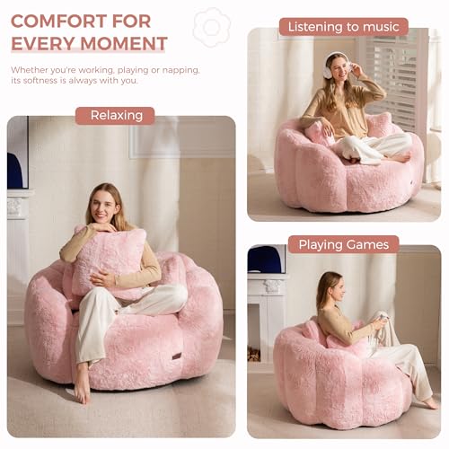 MAXYOYO Bean Bag Chair for Adults, Floral Shaped Bean Bag Sofa, Ultra Soft Faux Fur Floor Sofa, Large Reading Chair for Living Room Bedroom, Beige