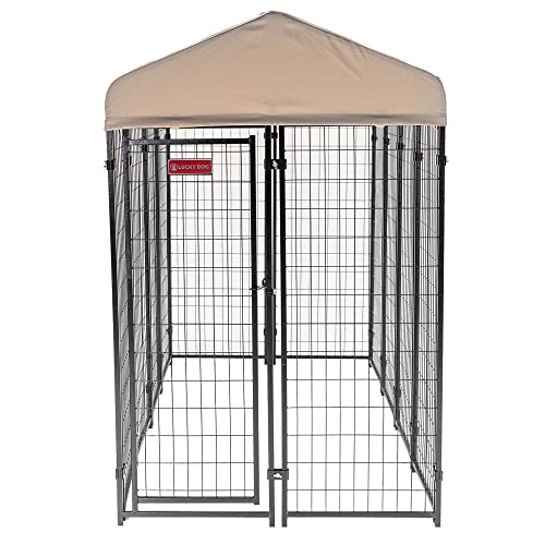 Stay Series 4 by 4 by 4.3 Feet Studio Jr. Black Powder Coat Steel Frame Outdoor Dog Kennel with Waterproof Canopy Roof and Gate Door, Khaki