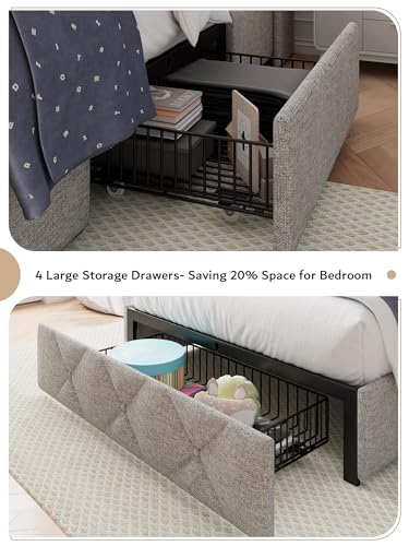 iPormis Queen Bed Frame with 4 Storage Drawers, Upholstered Platform Bed Frame with Charging Station, Modern Wingback Storage Headboard
