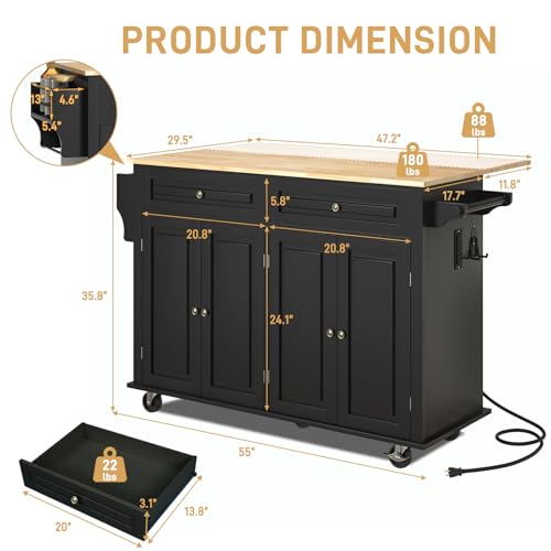 55" Movable Kitchen Island with Drop Leaf and Power Outlet, Rolling Island Cart w/Storage Cabinet, Island Table on Wheels for Kitchen w/2 Drawers