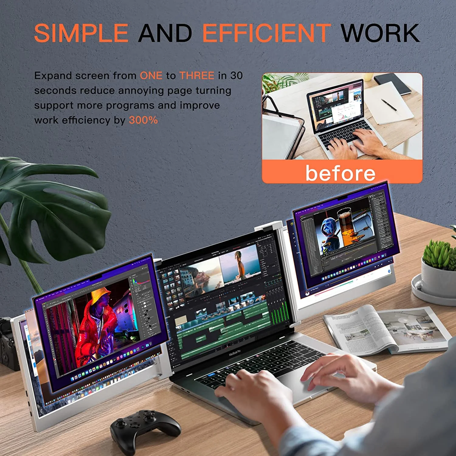 LIMINK Portable Triple Monitor Extender with 14inch Screen Used for 15-17inch Laptop Workstation Laptop Expansion Screen FHD 1080P Folding Screen IPS