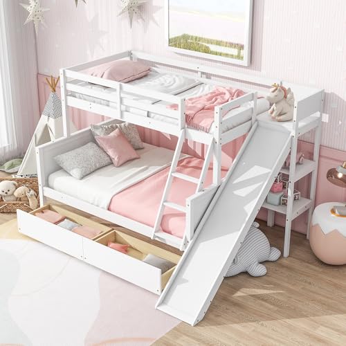 Bunk Beds Twin Over Full Size, Pine Solid Wooden Bunk Bed with Slide, Storage Staircase, Safety Guardrails for Kids, White