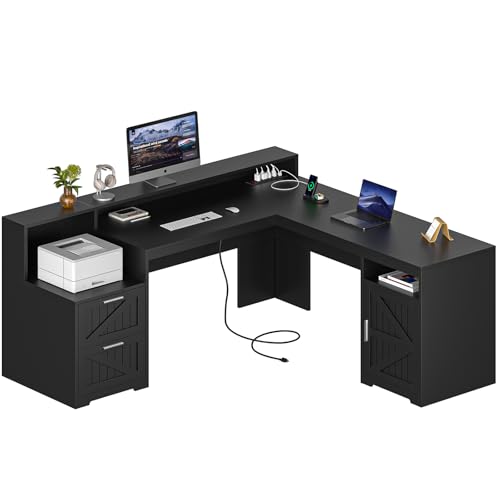 63" Farmhouse L Shaped Executive Desk with Drawers & Storage Shelf, Corner Computer Desk with Power Outlets, L Shaped Office Desk with Monitor Stand