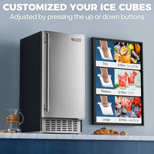 Coolski 15" W Commercial Under Counter Ice Maker Machine, 80 LBS/Day Stainless Steel Built-in Freestanding Ice Maker with Water Filter