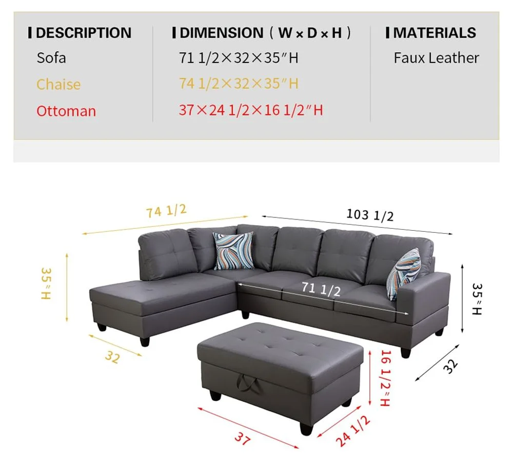 Cazenovia 103.50" Wide Dark Grey F09516B Faux Leather Sectional with Ottoman Right Hand Facing