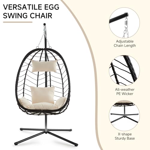 Outdoor Hanging Egg Chair, Patio Wicker Swing Chair with Stand and Cushion, Wider Basket Seating