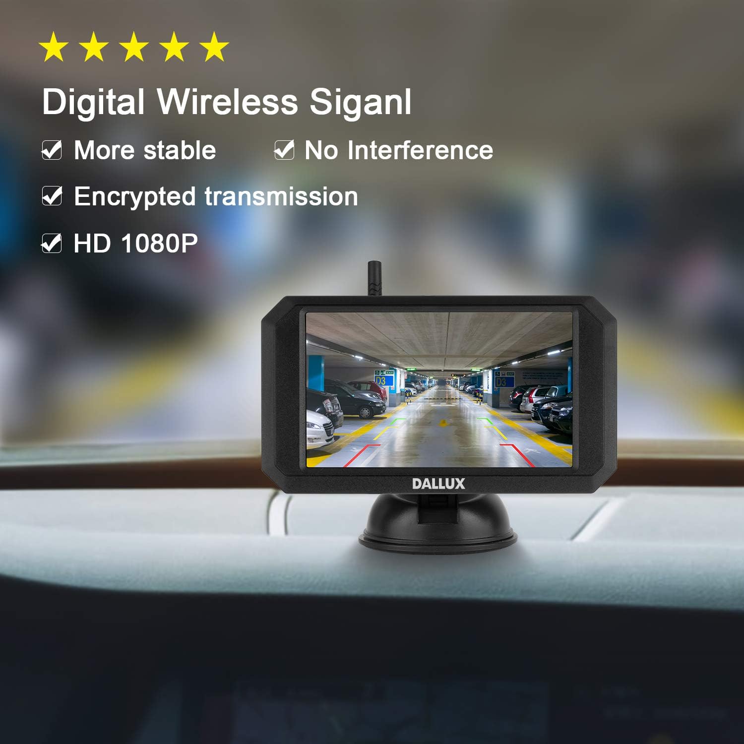 DALLUX Wireless Backup Camera with Stable Digital Signal,5 Inch Monitor+HD 1080P Front/Rear View Night Vision Waterproof Camera for Car,Pickup,Truck