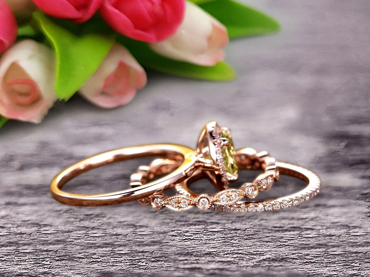 10k Rose Gold Anniversary Gift Art Deco 2.25 Carat 6mm Round Cut Champagne Diamond Moissanite Wedding Ring Set Matching Band Anniversary Gift
