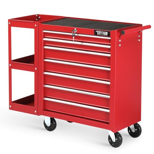 TUFFIOM 7-Drawer Rolling Tool Chest with Side Shelves, Tool Storage Side Cabinet w/Lockable Wheels, Top Cushion & Drawer Liners