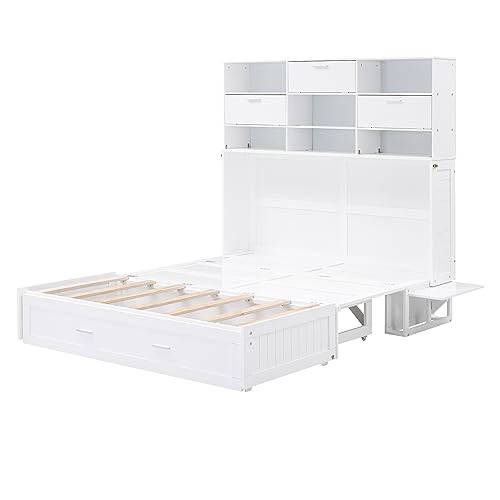 Ball & Cast Queen Size Murphy Bed,Murphy Bed Cabinet W/ 2 Five-Layer Cabinet,Hideaway Wall Bed W/LED Lights,Wood Hidden Bed Frame for Guest Room