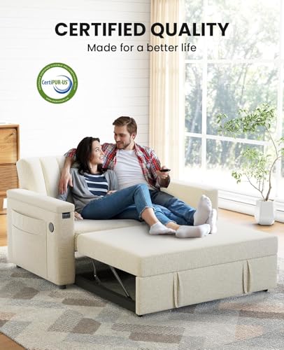Marsail Sofa Bed, 3-in-1 Convertible Sleeper Sofa, Futon Couch with USB Charging, Side Pockets & Adjustable Backrest, Pull Out Couch for Living Room