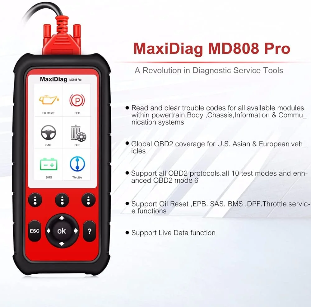 Autel MaxiDiag MD808 Pro OBD2 Scanner EPB/ Oil Reset Battery Registration and Reset Parking Brake Pad Relearn Diesel Particulate Filter Regeneration